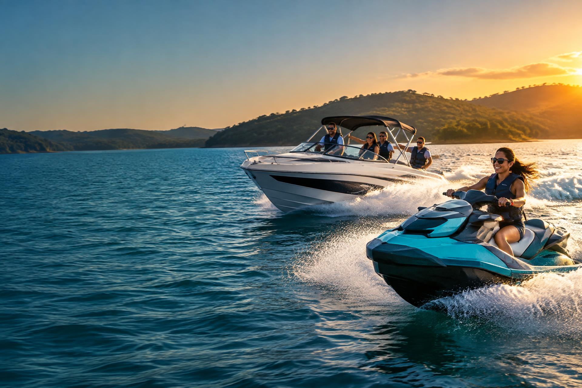 Lancha e jet ski navegando em uma represa